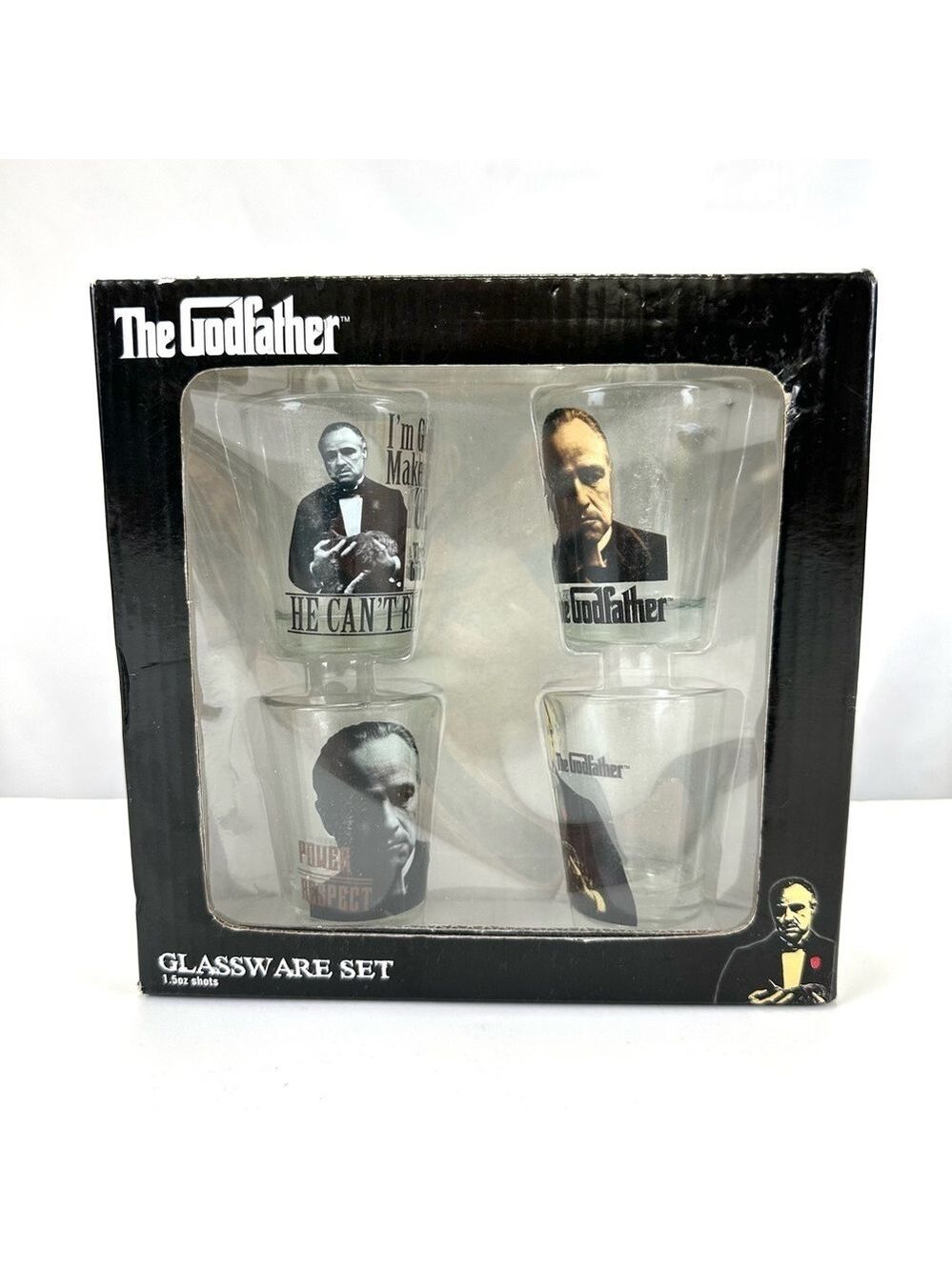 The Godfather boxed set 4 1.5oz shot glasss NEW in BOX Gift set Cinephile